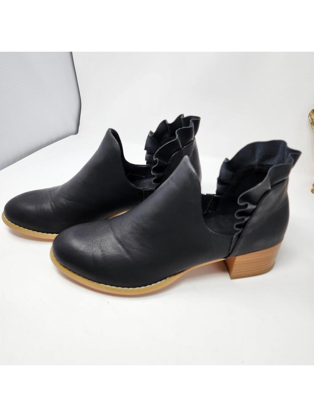 Women's Black Ankle Boots with Ruffle Detail 9.5